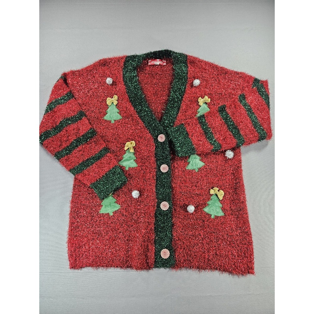 Jollidays Ugly Christmas Tree Cardigan Sweater Fuzzy Red Green Tinsel Large